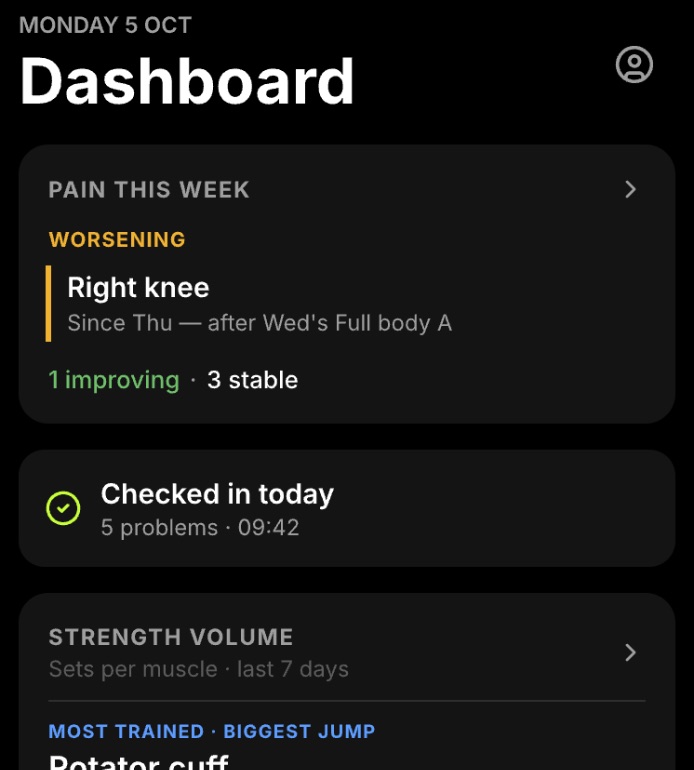 Dashboard with a weekly pain summary and today's check-in