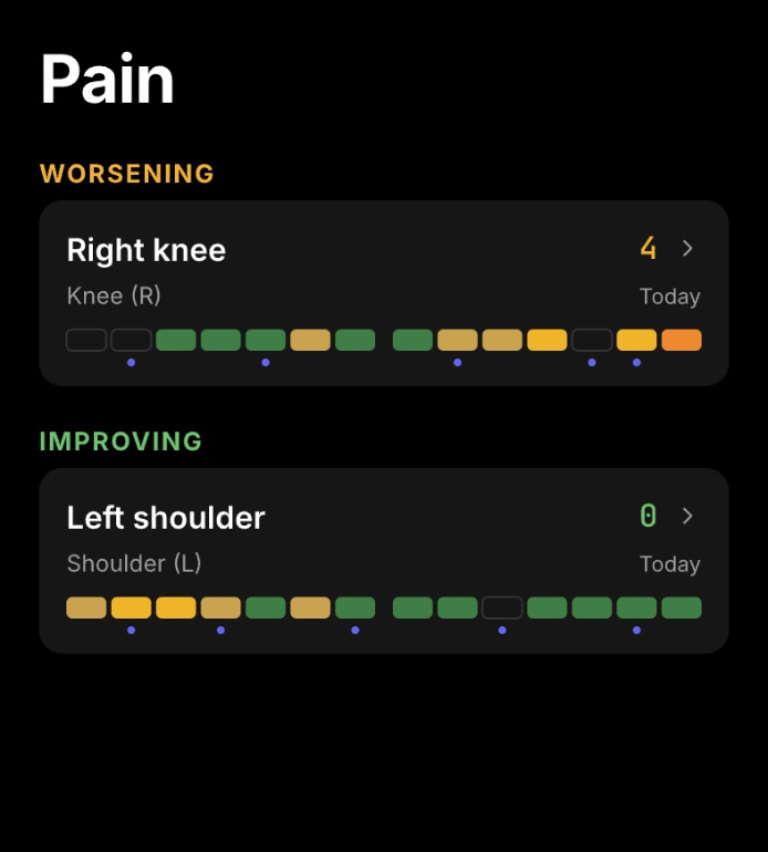 Pain screen grouping check-ins: right knee worsening, left shoulder improving